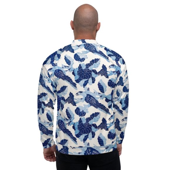 Bird And Flower Pattern Blue White Motif Bomber Jackets. - Picture 3 of 6